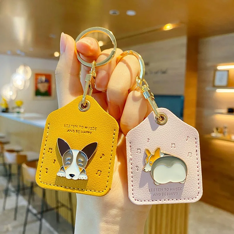 Creative Leather Alloy Corgi Access Control Card Holder Keychain Cute Dog Car Keyring men women Bag pendant key chains | Украшения и
