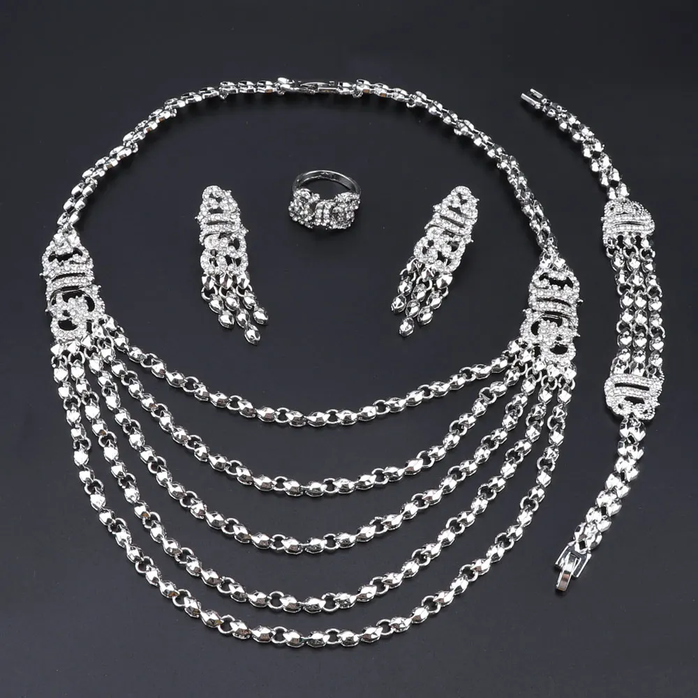 Charm Dubai Gold Color Crystal Jewelry Sets For Women Multi-layer Necklace Earrings Bangle Rings Party Dress Accessories | Украшения и