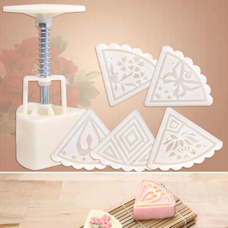 

6Pcs Fan Shape Flower Moon Cake Stamps Mould Mold Pastry Mooncake Hand DIY Tool