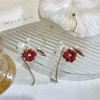 lovoacc korean red color flowers long tassel earring for women ladies golden chain bling rhinestone drop earrings oorbellen 2021