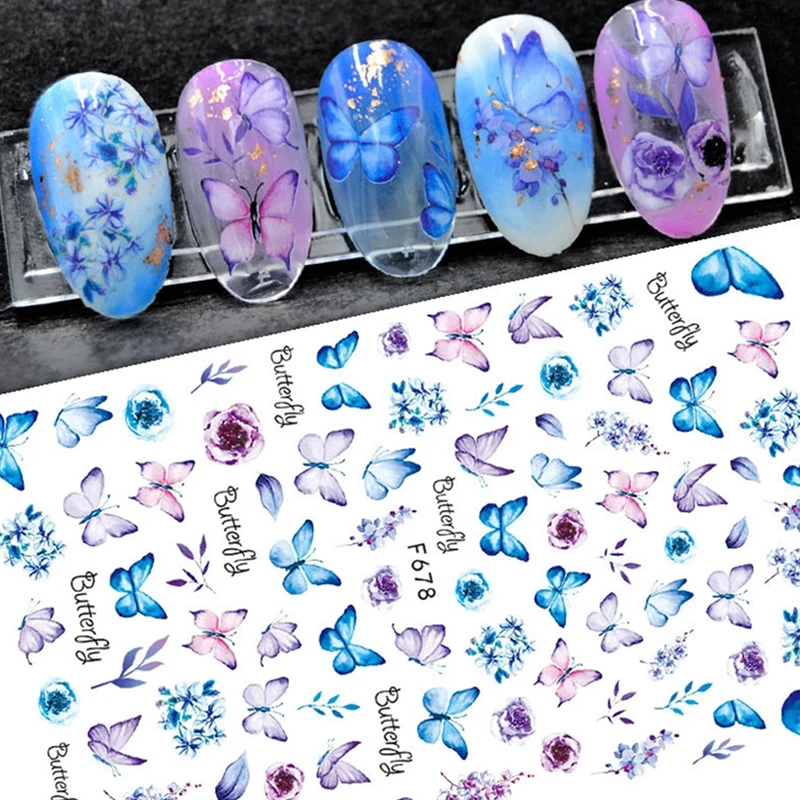 3D Laser Butterfly Nail Stickers Gradient Colorful Rose Hydrangea Sliders Decal For Manicure DIY Decoration | Красота и здоровье