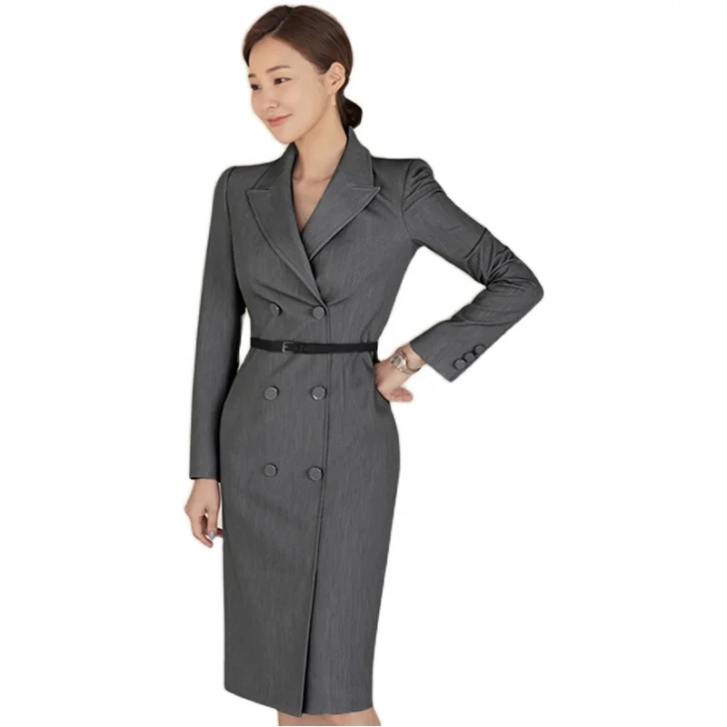 

COIGARSAM Office Lady Women dressmal Work Notched Double Breasted Dresses Gray Black 3232