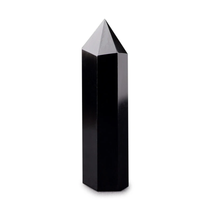 

New Natural Obsidian Black Obelisk Tower Quartz Stone Point Hexagonal Wand NE