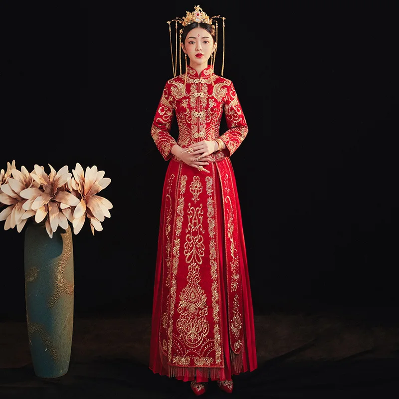 

Платье Чонсам с вышивкой золотисто-красное китайское традиционное свадебное платье для пар изысканное банкетное Стильное элегантное платье для невесты