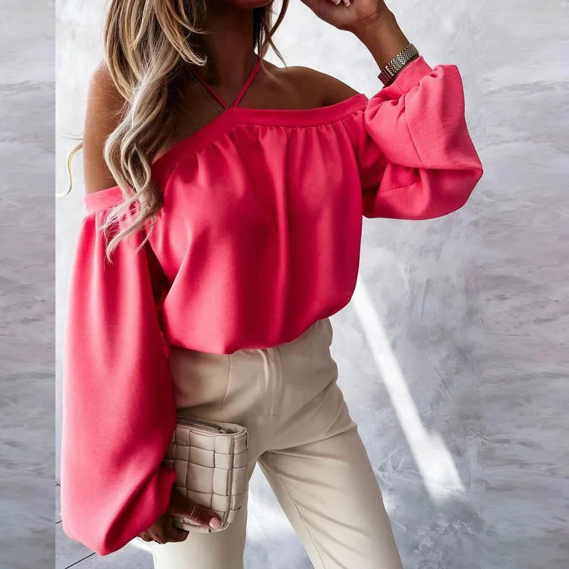 

Women T-shirt Off-the-shoulder Halter Long-sleeved Casual Top 2021 Summer Fashion Solid Color T-shirt Woman Sexy Tops