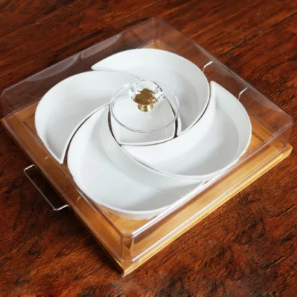 With cover Ceramic snack plate platter wood plate friut tray dust-proof can put living room snack platter - Цвет: With cover