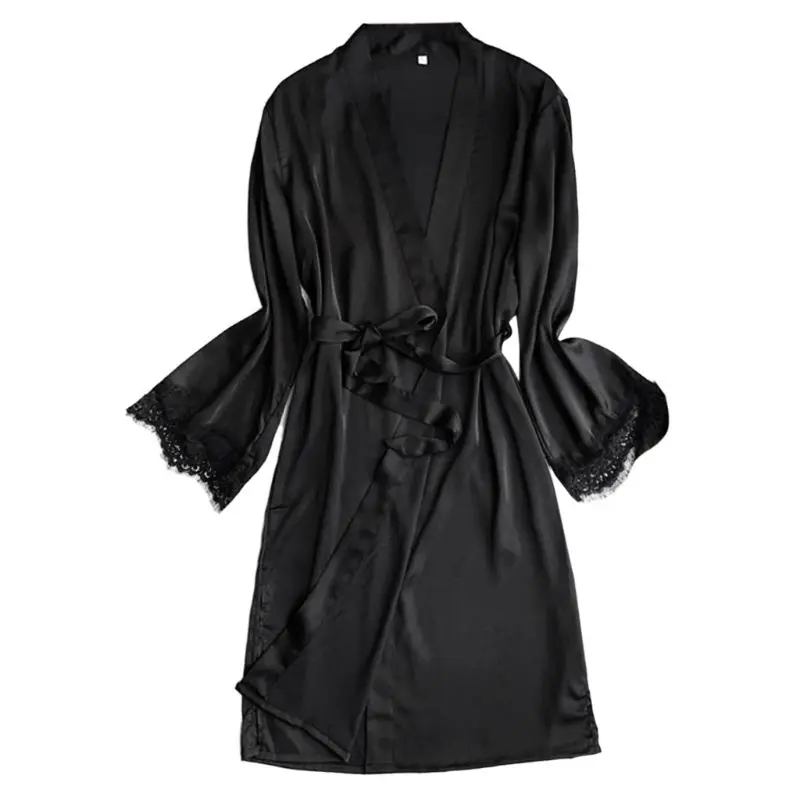 

Womens Long Sleeve Eyelash Lace Cuff Kimono Belted Bath Robe Faux Silk Nightgown X3UE