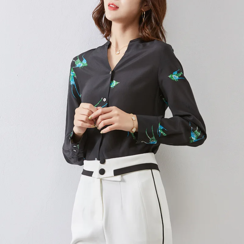 Женские рубашки из натурального шелка с длинным рукавом и V образным вырезом