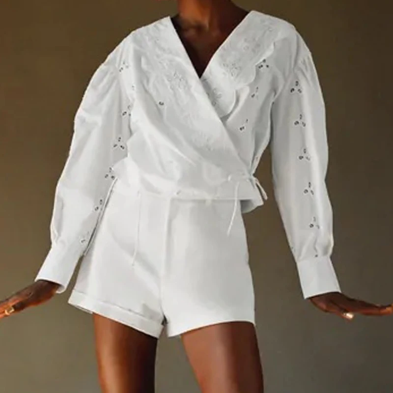 Женская блузка из поплина с длинным рукавом и V образным вырезом|Рубашки| |