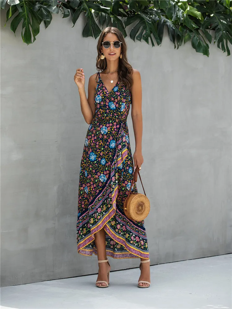 Женское пляжное платье с цветочным принтом XHKLD винтажное длинное трапециевидной