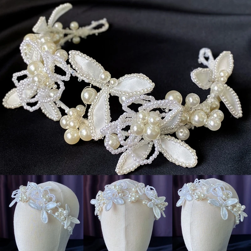 

Romantic Sweet Bride Wedding Headband Crown Handmade Imitation Pearl Beading Butterfly Flower Hair Hoop Tiara Jewelry