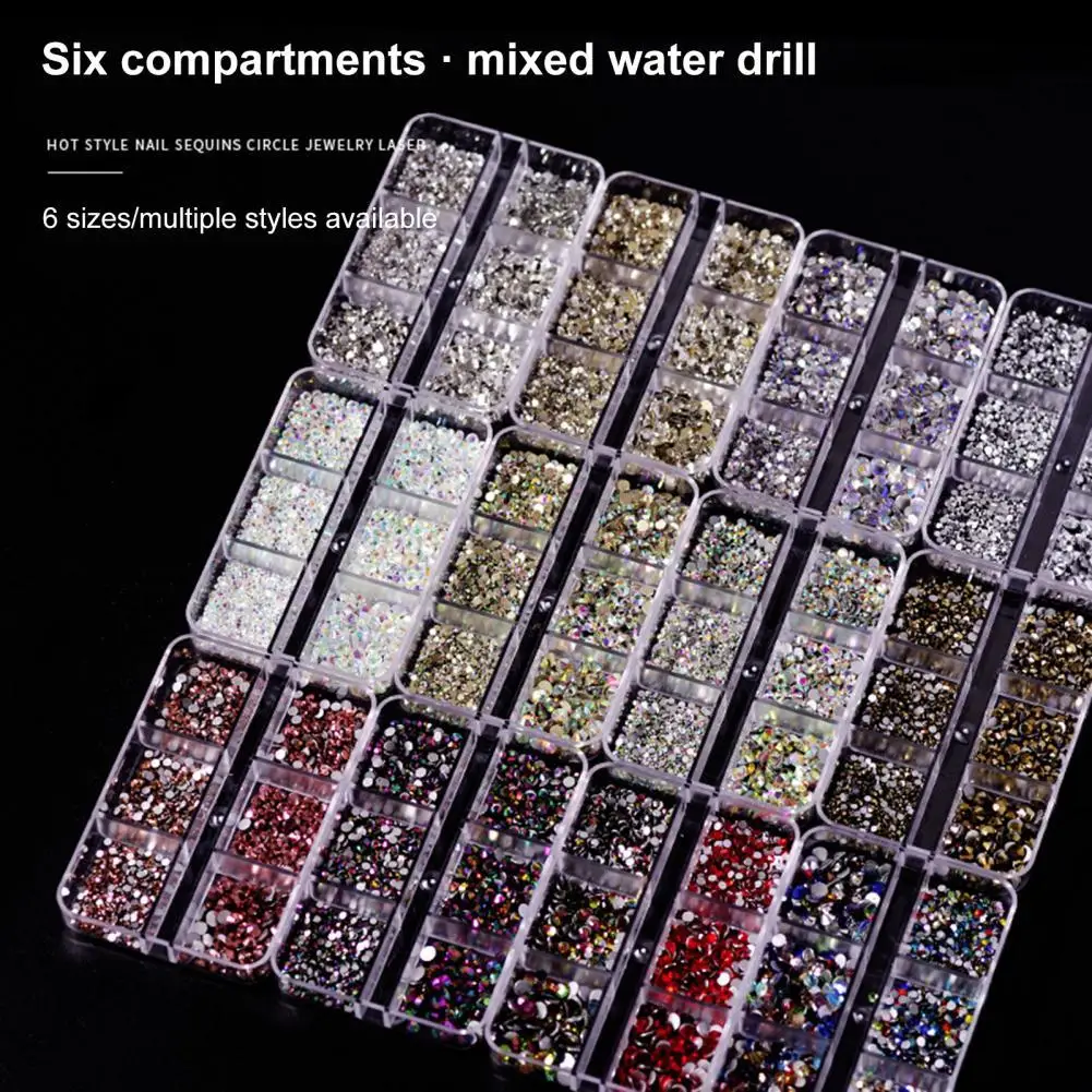 

6 Grids/Box 1688Pcs Fingernail Ornament DIY Decorative Glass Nail Art Accessories Super Flash Rhinestone for Personal Use