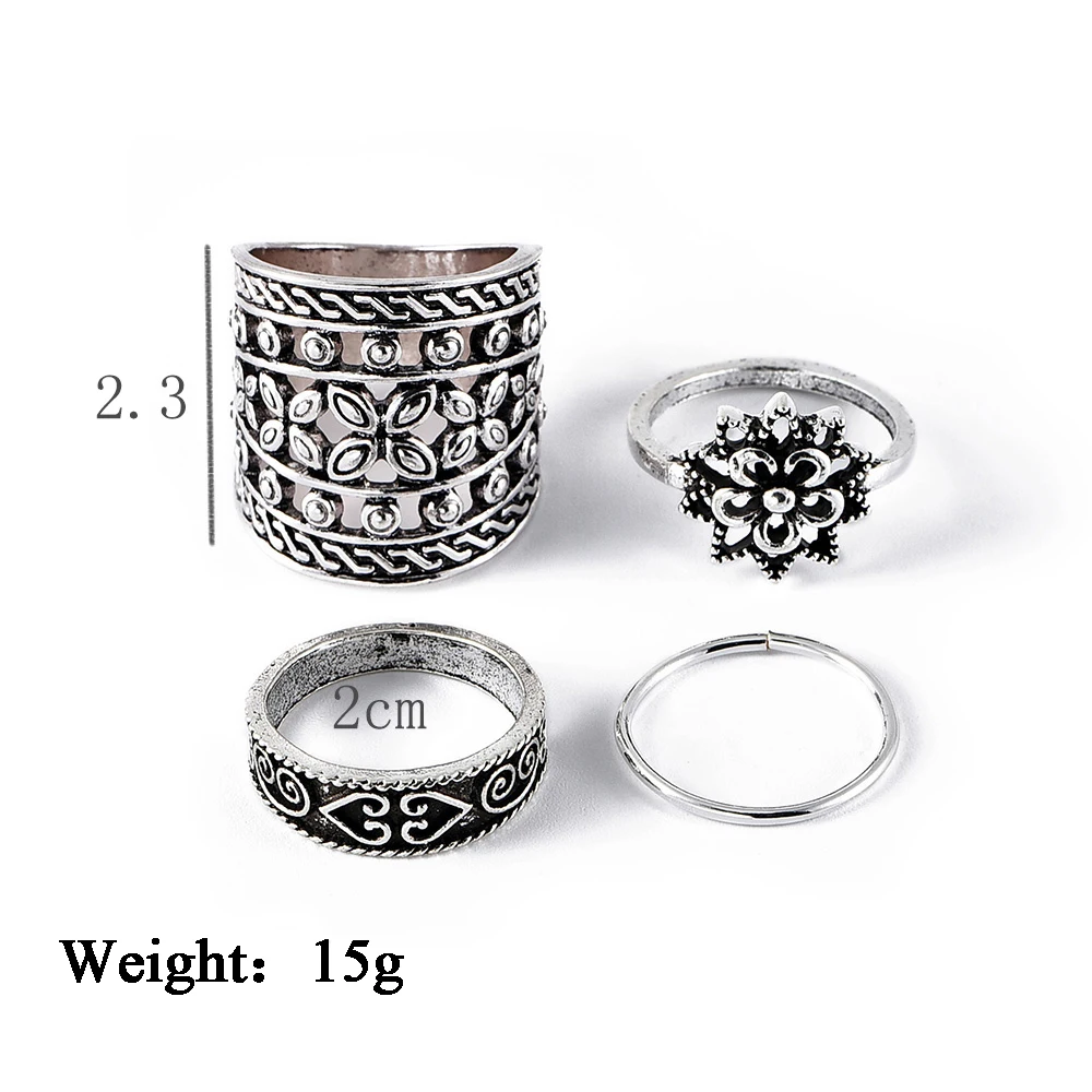4 шт./компл. женские кольца резной тотем цветок персик сердце костяшки серебряный