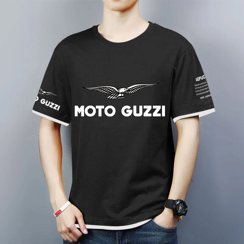

2021 New Men's Summer Moto Guzzi Logo Round Collar Fashion Contrast Color Trend Sports T-shirt Comfortable Top