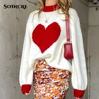 heart print knitted sweater women 2021 casual o neck long sleeve oversized white pullover fashion autumn winter vintage warm top