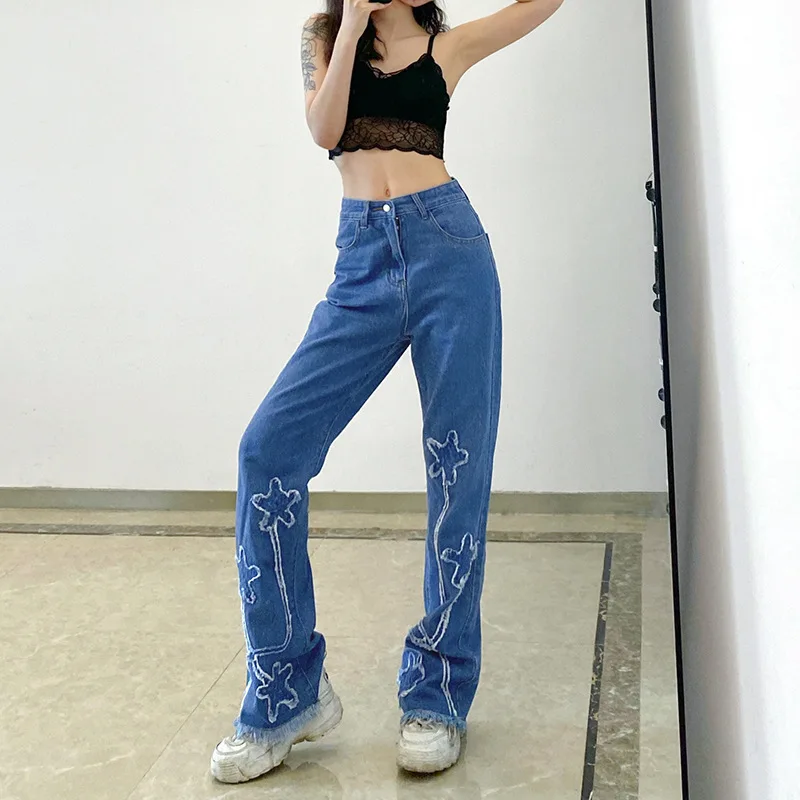 

Women's street style popular logo personality burned-out jeans