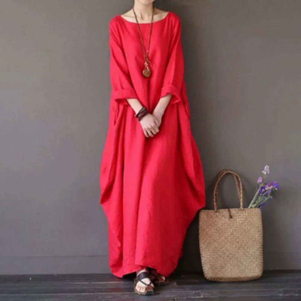 

Women Dress Multicolor Maxi Length Round Neck Long Sleeve Ladies Fashion Standard Waist Large Pendulum Casual Loose Plain Dress