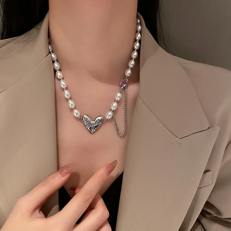 

FYUAN Korean Style Heart Purple Crystal Necklace Earrings Bracelet For Women Beauty Letter Pearl Weddings Banquet Jewelry Sets