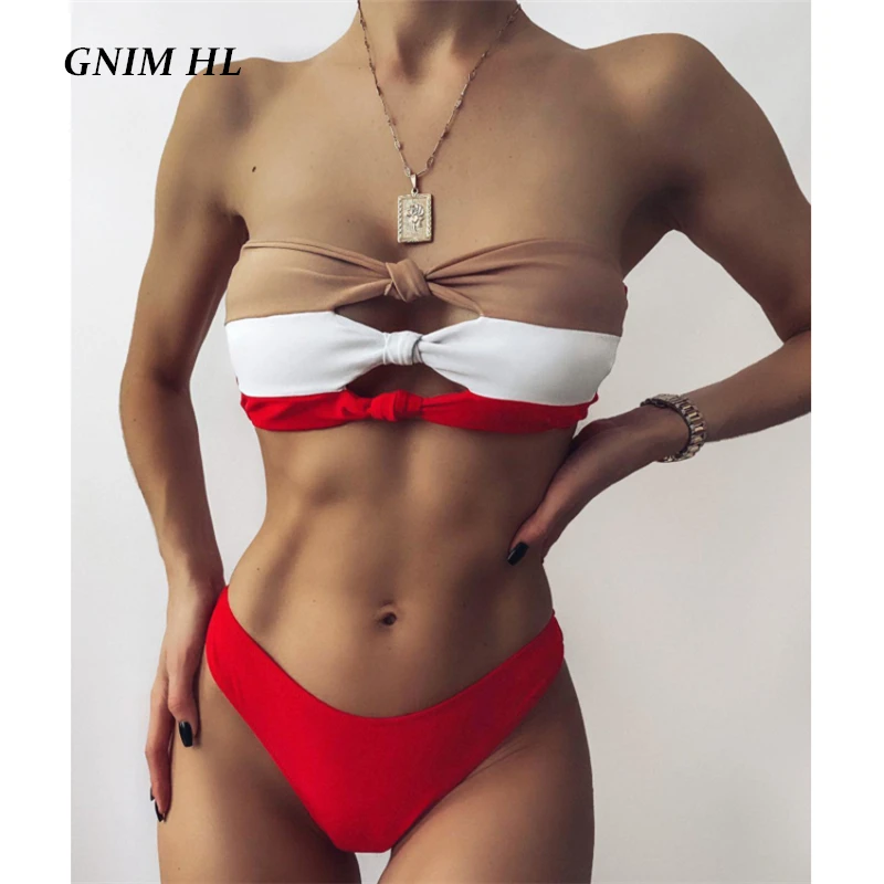 

GNIM Sexy Bandeau Swimsuit Bikini Set 2021 Summer Three Colors Patchwork Swimwear Women Push Up 2 Pieces Beachwear Bathing Suit