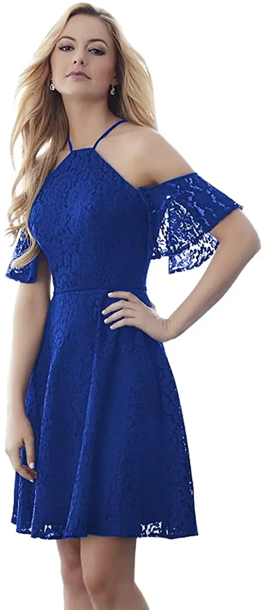

Женское кружевное вечернее платье-трапеция с лямкой на шее, короткое платье для выпускного вечера с рюшами на рукавах, платье для выпускног...