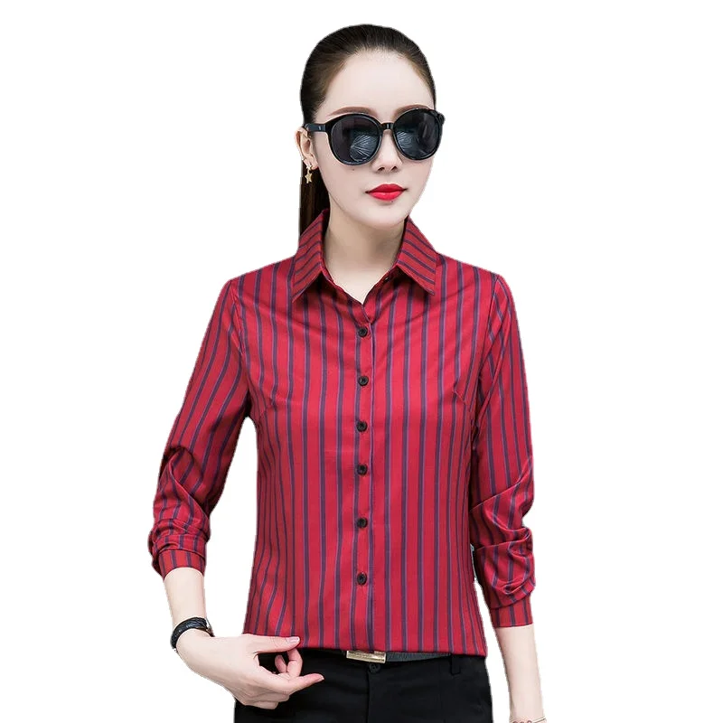 Striped Chiffon Women Shirts Turn-down Collar Long Sleeve Office Lady Button Up Shirt Fashion Ladies Tops Green Camisas Mujer