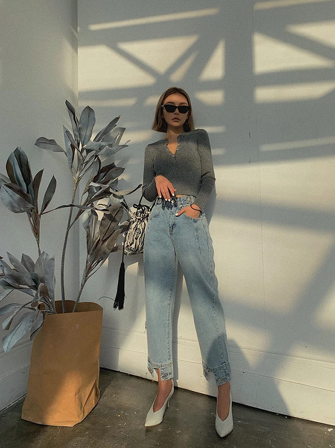 2019 Новая мода Женская одежда прямые джинсы осенние свободные девять брюки для