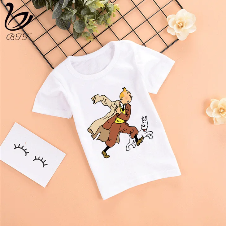 Tintin/модные летние стильные Забавные топы для девочек с героями мультфильмов; модная уличная одежда; Harajuku; футболка для мальчиков; уличная детская футболка - Цвет: A