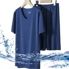 Пижама Мужская охлаждающая из вискозы, Однотонная футболка и шорты, комплект из двух предметов, Повседневная Домашняя одежда с круглым вырезом, тонкая удобная одежда для сна, лето