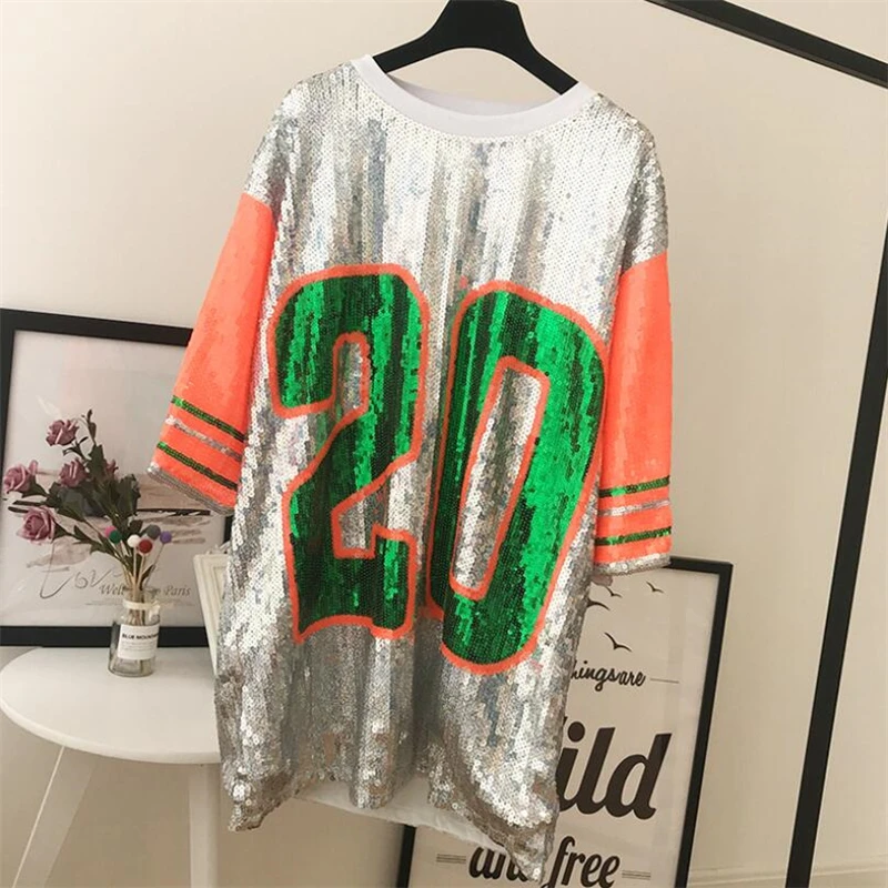 Женское платье футболка с блестками мини в стиле рок хип хоп свободная цифрой