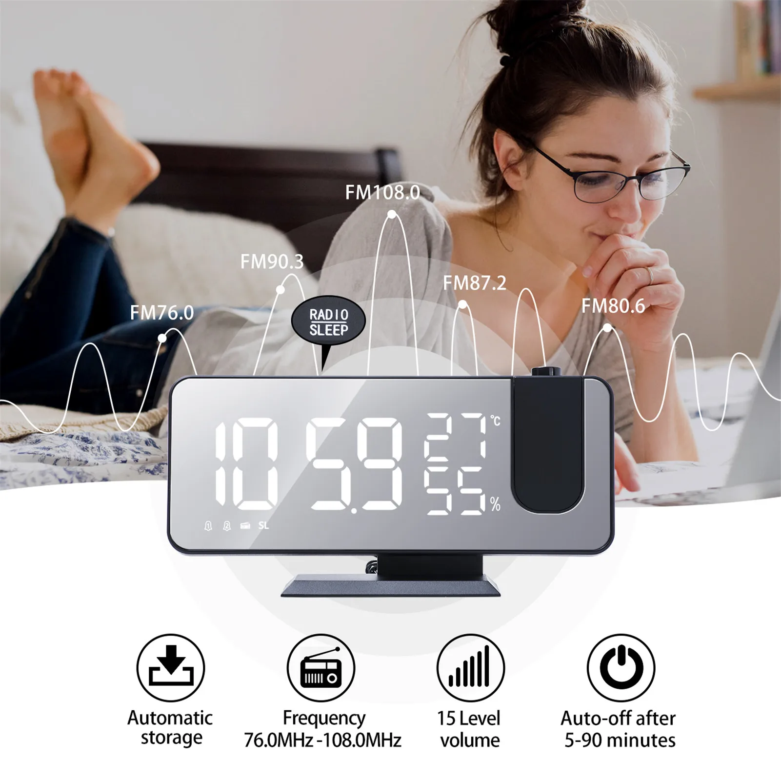 

LED High-definition Projection Alarm Clock Electronic Weather Humidity Radio Electronic Clock Adjustable Brightness