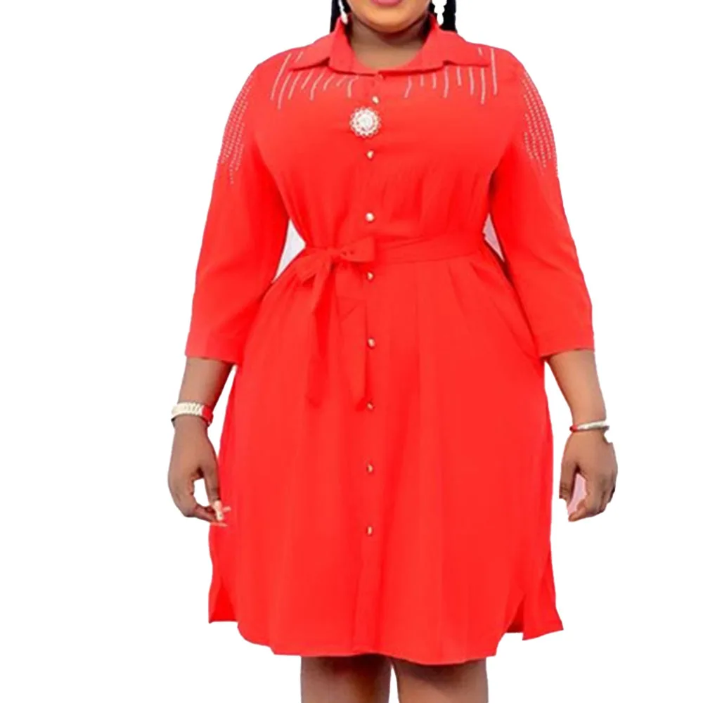 

Autumn 2021 New African Temperament Commute Solid Color Hot Drilling Dress Single-breasted Women's Europe America Long Sleeve