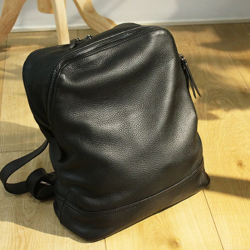 Mochila Women Leather Backpack Designer Real Cowhide Leather School Bag Lady Double zipper Big Capacity Bookbag Simple Back Pack