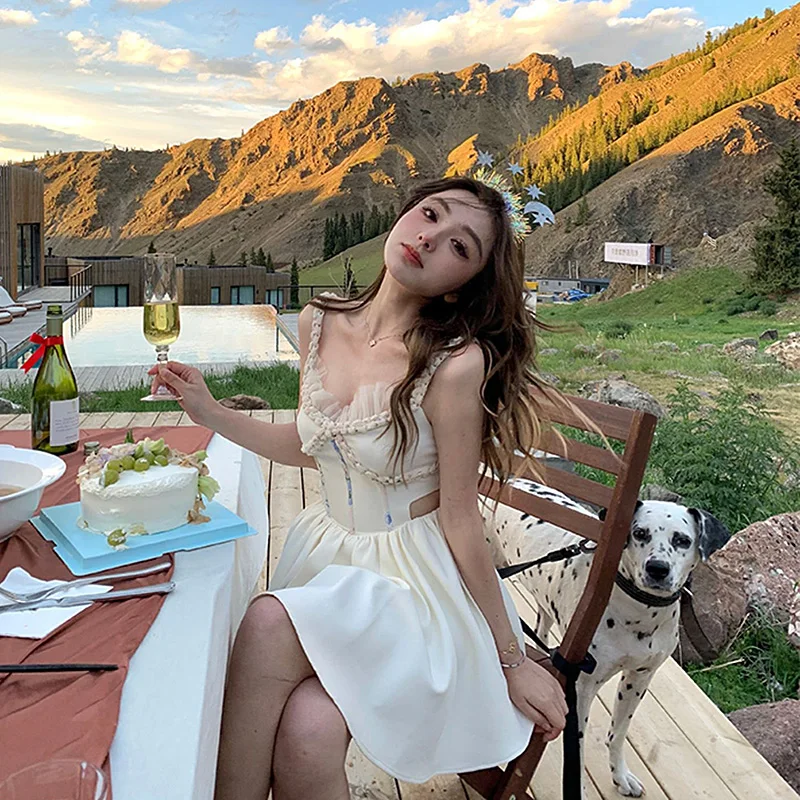 

ini Summer Dress For Women 2021 New A-line Vintage Spaghetti Strap Dress Mini Sleeveless Hollow Out Dress Clothes Femme Robe