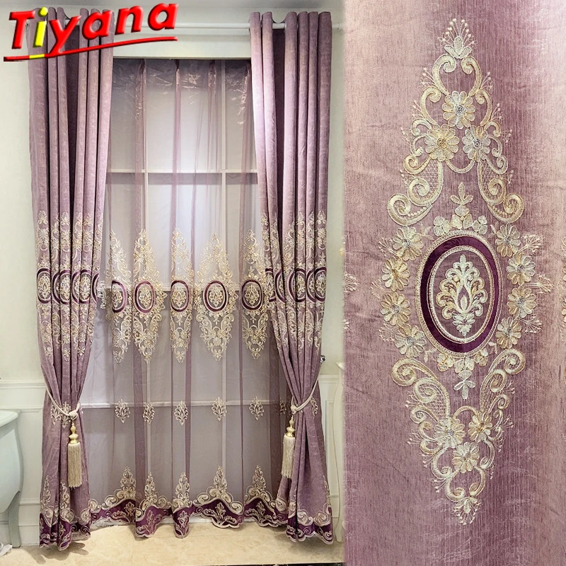 

TIYANA Luxury Embroidery Purple /Blue Chenille Curtains for Living Room European High-end Blackout Window Drapes for Bedroom#VT