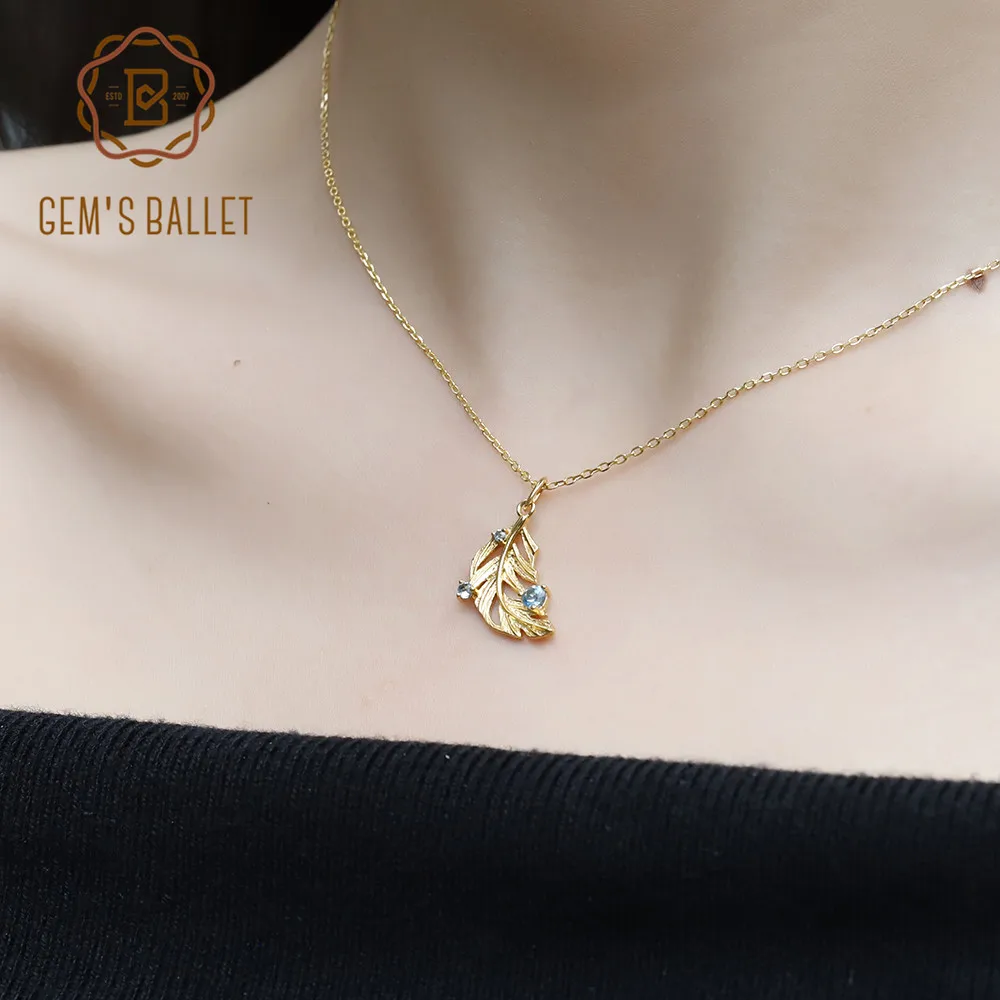 GEM'S балет, натуральный голубой топаз, драгоценный камень, подвеска, 925 пробы, серебро, золотые перья, лист, ожерелье для женщин, девушек, хорошее ювелирное изделие