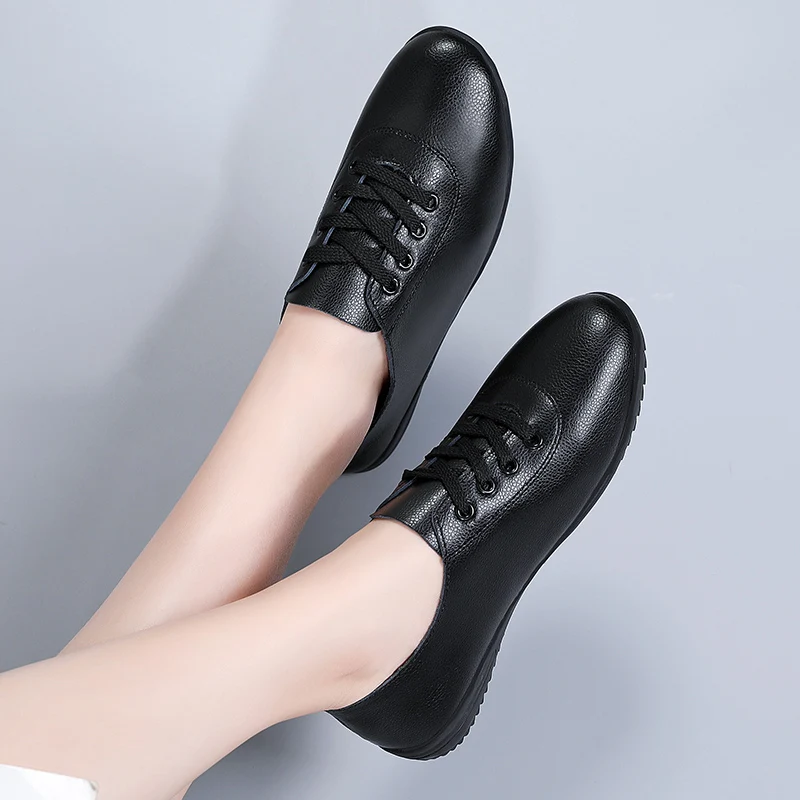 2021 Spring New Women Sneakers Oxford Shoes Ladies Casual Leather Boat Round Toe Flats White Black Moccasins Ballet Zapatillas