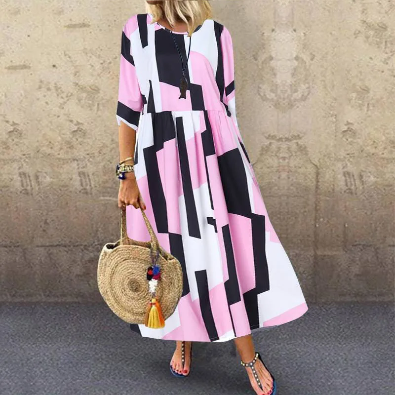 

Casial Women Printed Long Dress Autumn O-neck Loose Ankle-length Sundress Ladies Plus Size Holiday Dresses Vestidos