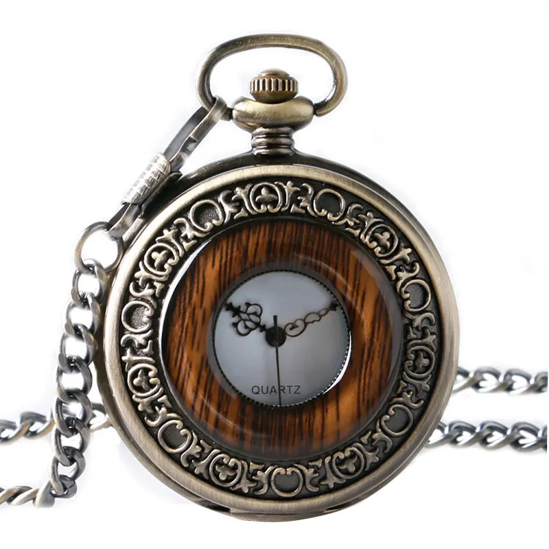 

Vintage Wood Round Case Pocket Watch Luxury Quartz Analog Half Hunter for Men Women Fob Wooden Watch with Chain Top Gift Ulzzang