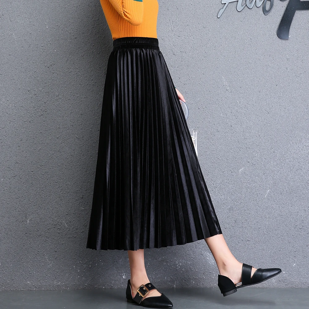 Плиссированная юбка из золотого бархата на осень и зиму для женщин с высокой
