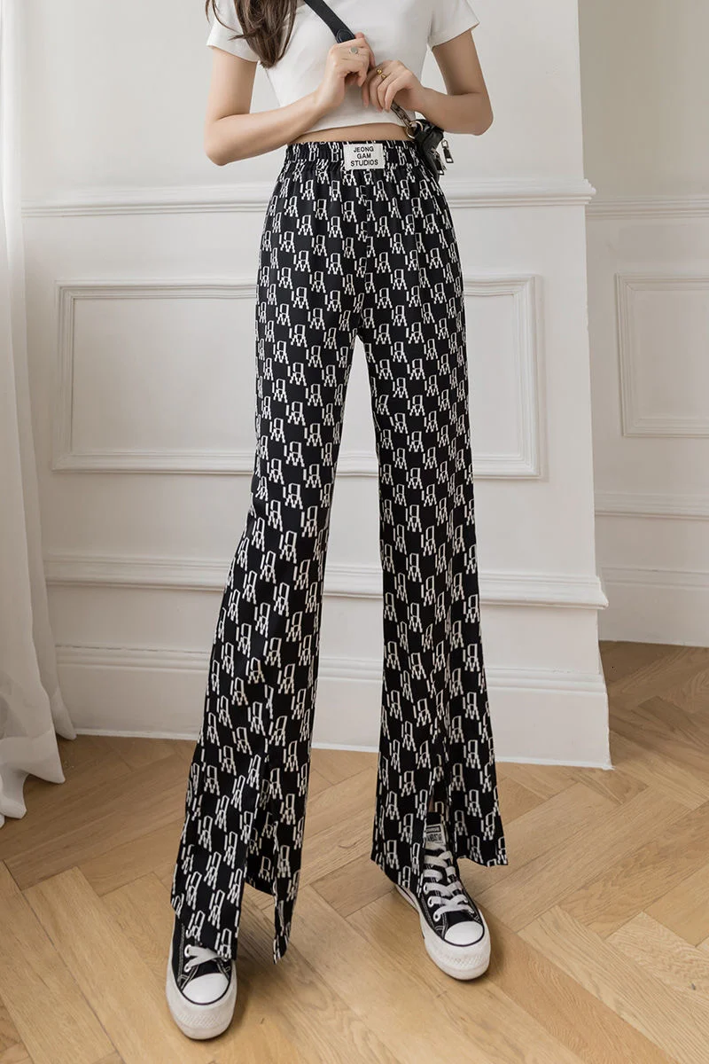 

2021 summer new style thin high waist drop feeling printing split placard showing thin straight tube wide leg pants female