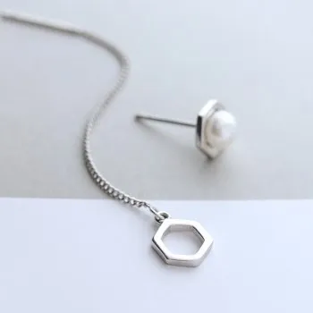 

Korean Jewelry Plated S925 Silver Hexagon Asymmetric Geometric Pearl Earrings Female Ear Line Tassel Earrings Wholesale Se05