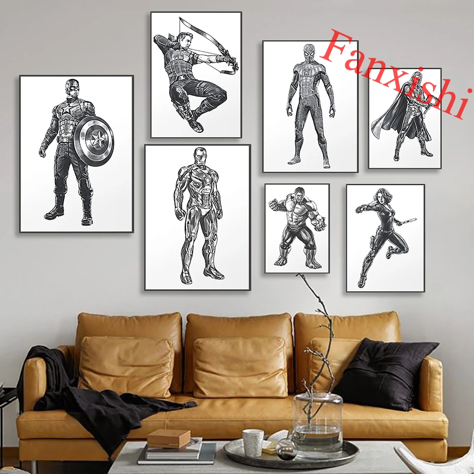 

Avengers Black And White Marvel Character Posters Superhero Wall Art Prints Canvas Painting Pictures For Living Room Home Decor