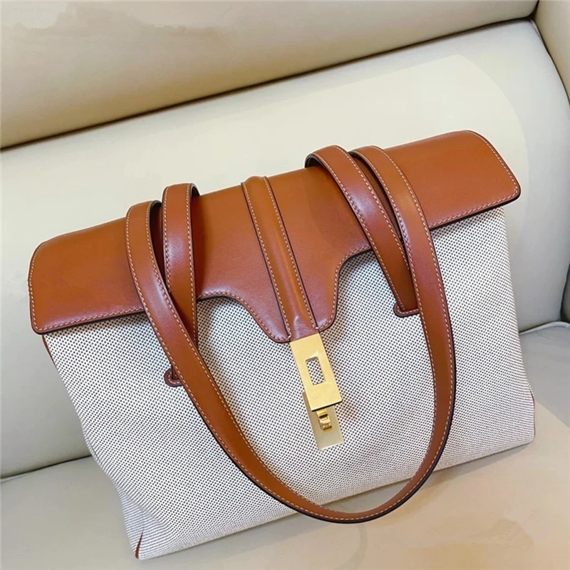 

High Quality Luxury Brand Genuine Leather+Canvas Women Bag\Handbag Fashion Real Leather Tote Shoulder Bag Big Commuter Briefcase