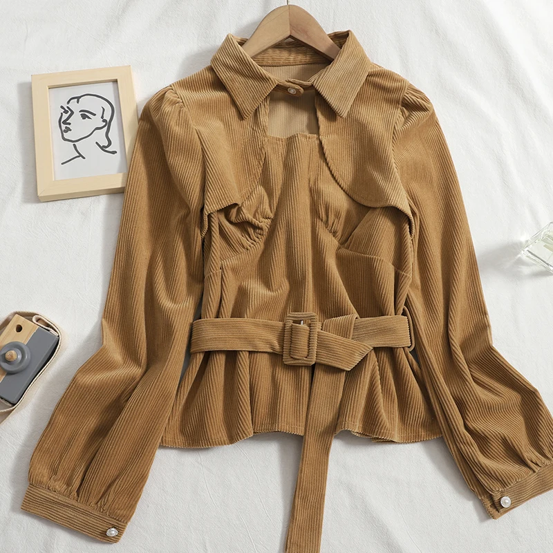 

VANOVICH 2022 Autumn and Winter New Korean Style Temperament Corduroy Shirt Sashes Slim Solid Fashion Pullover Casual Shirts
