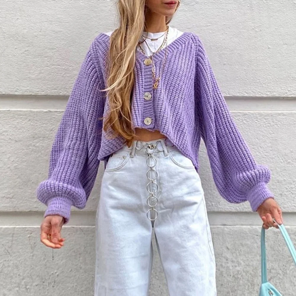 

Весенний трендовый фиолетовый свитер Zoulv, свободный короткий кардиган с длинным рукавом-фонариком и V-образным вырезом, повседневное пальто, Джокер, Модный женский топ