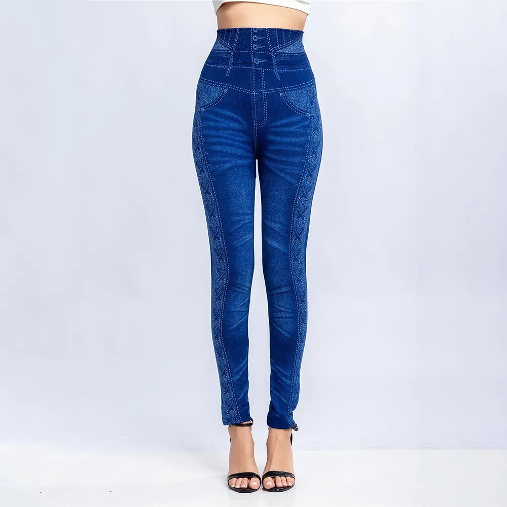 

Женские джинсы с завышенной талией из искусственного денима, облегающие брюки с эффектом пуш-ап, леггинсы стрейч с подъемом ягодиц, женские ...