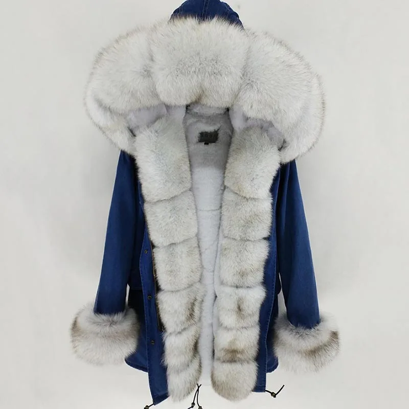 Женская джинсовая парка с капюшоном длинная воротником из натурального Лисьего