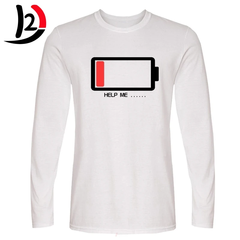 Hanhent HELP ME Battery Style Мужская футболка с длинным рукавом буквенным принтом и батареей