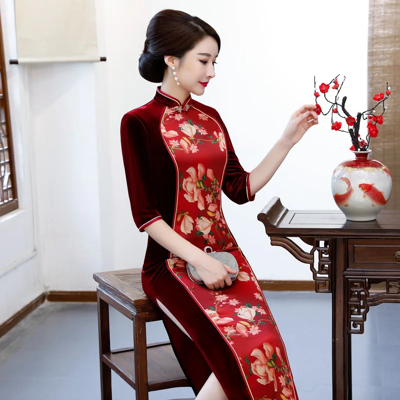 

BALDAUREN Plus Size M-4XL Chinese Qipao Classic Women Long Golden Velvet Cheongsam New Daily Retro Elegant Split Floral Dress