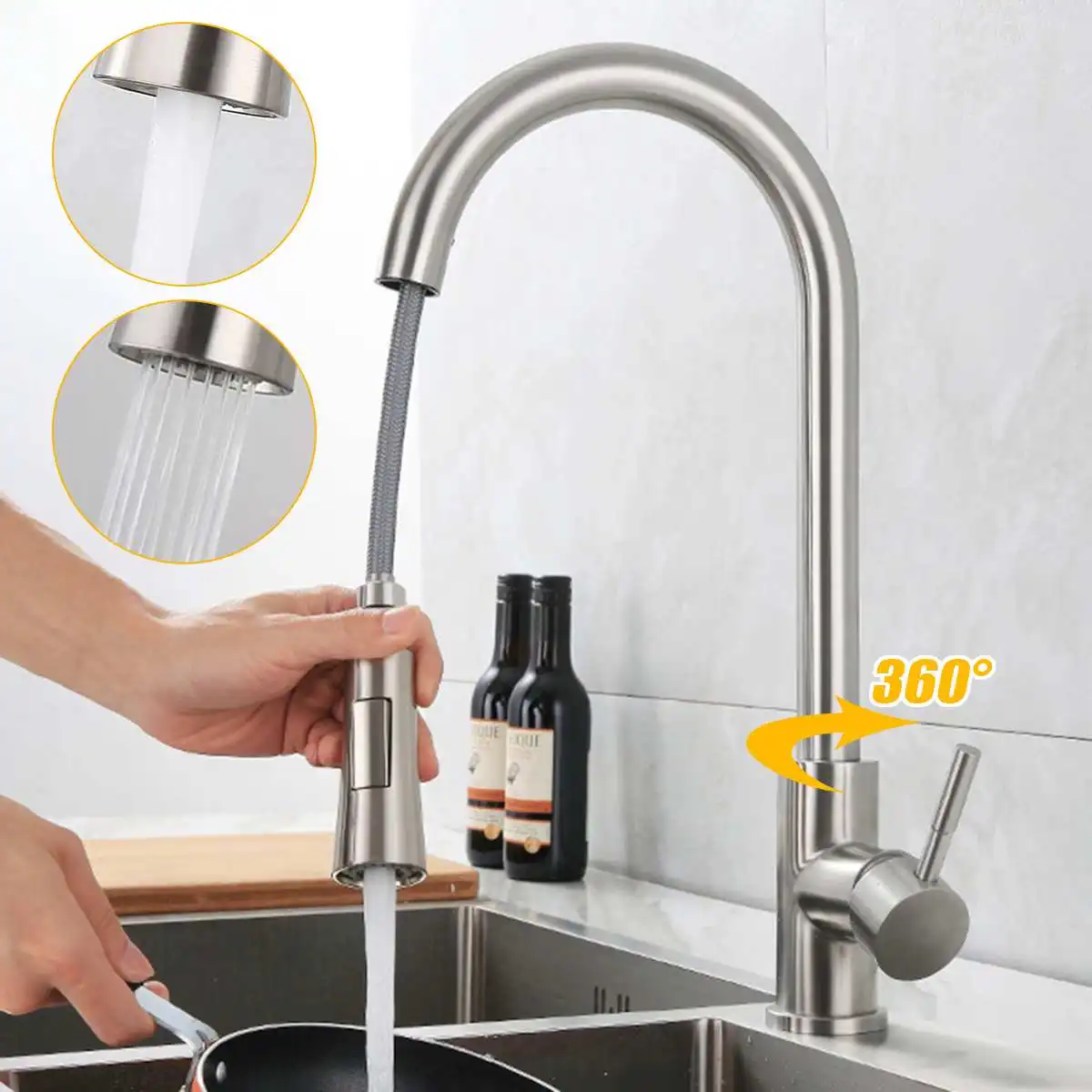 

Выдвижной кухонный кран из нержавеющей стали с выдвижным распылителем, смесители для раковины с вращением на 360 °, смешанный кран для горяче...